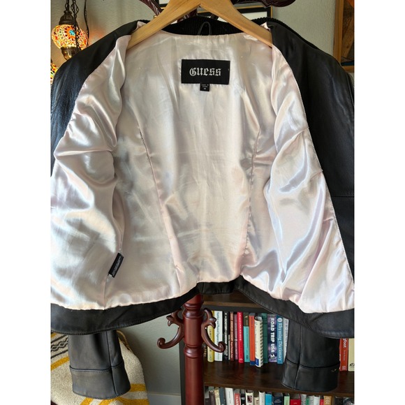 Y2K Guess Black Leather Moto Jacket Ribbed Collar Double Zip - Medium - Picture 9 of 9
